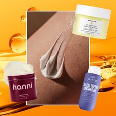 a collage of body butters and oils over a photo of moisturizer sitting on a person's skin