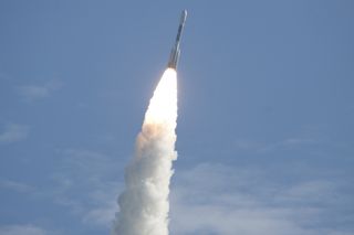 Fla. – Fire and smoke light up a blue sky as a United Launch Alliance Delta II Heavy rocket propels NASA’s Gravity Recovery and Interior Laboratory (GRAIL) mission into space on Sept. 10, 2011.