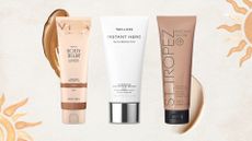 Lineup of three of the best instant tans (L-R) Vita Liberata Body Blur, Tan Luxe Instant Hero and St Tropez Instant Glow, on a beige background with sun details and instant tan product swatches