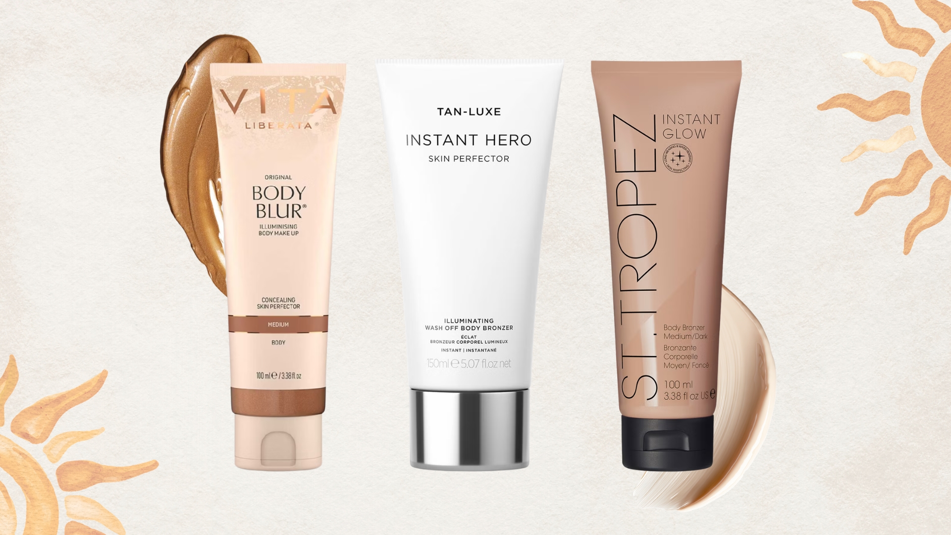 Lineup of three of the best instant tans (L-R) Vita Liberata Body Blur, Tan Luxe Instant Hero and St Tropez Instant Glow, on a beige background with sun details and instant tan product swatches