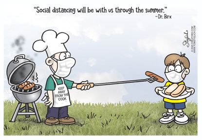 Political Cartoon U.S. Birx social distancing during summer cookout