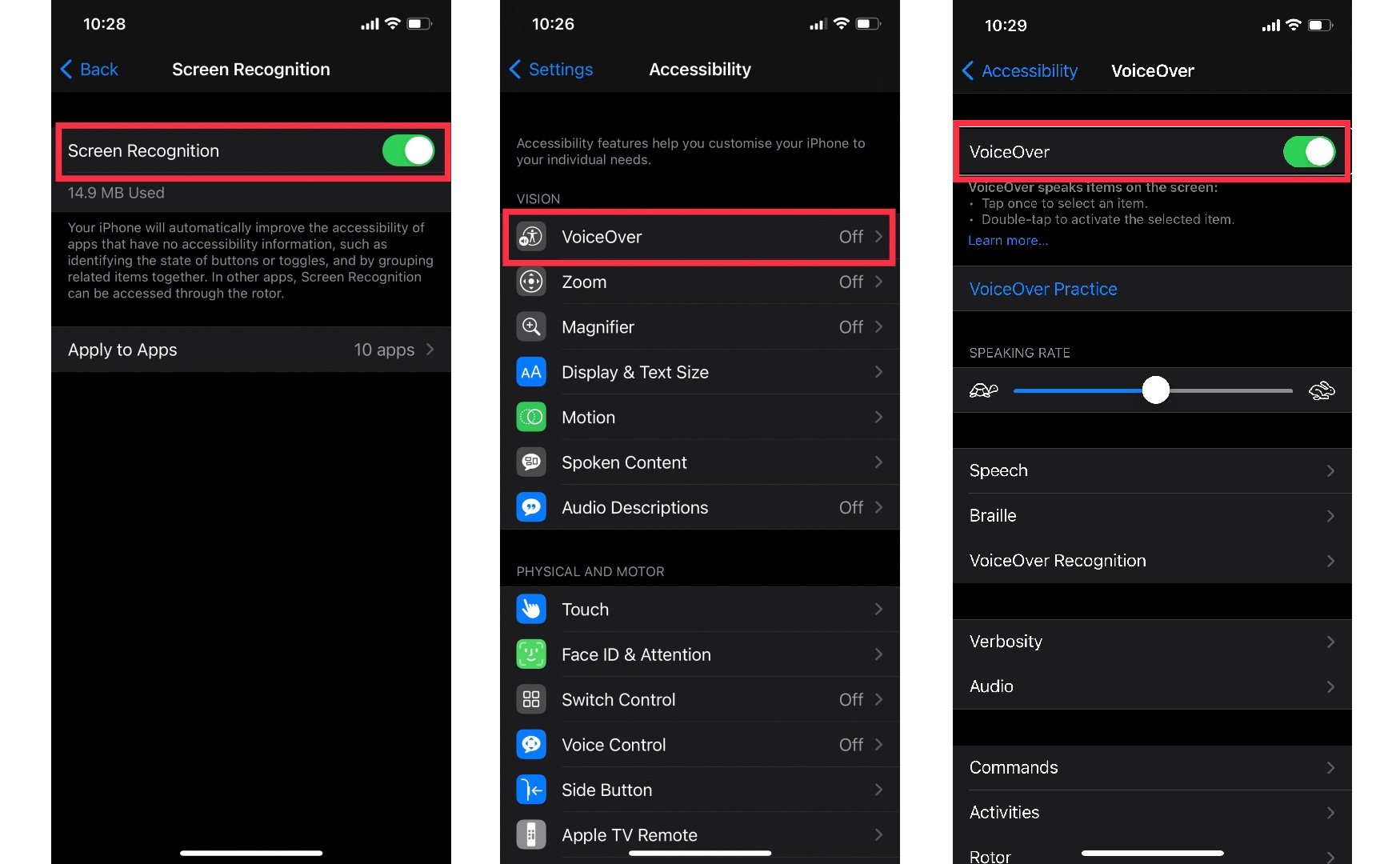 Toggle Screen Recognition on. Go back and Toggle Voiceover on