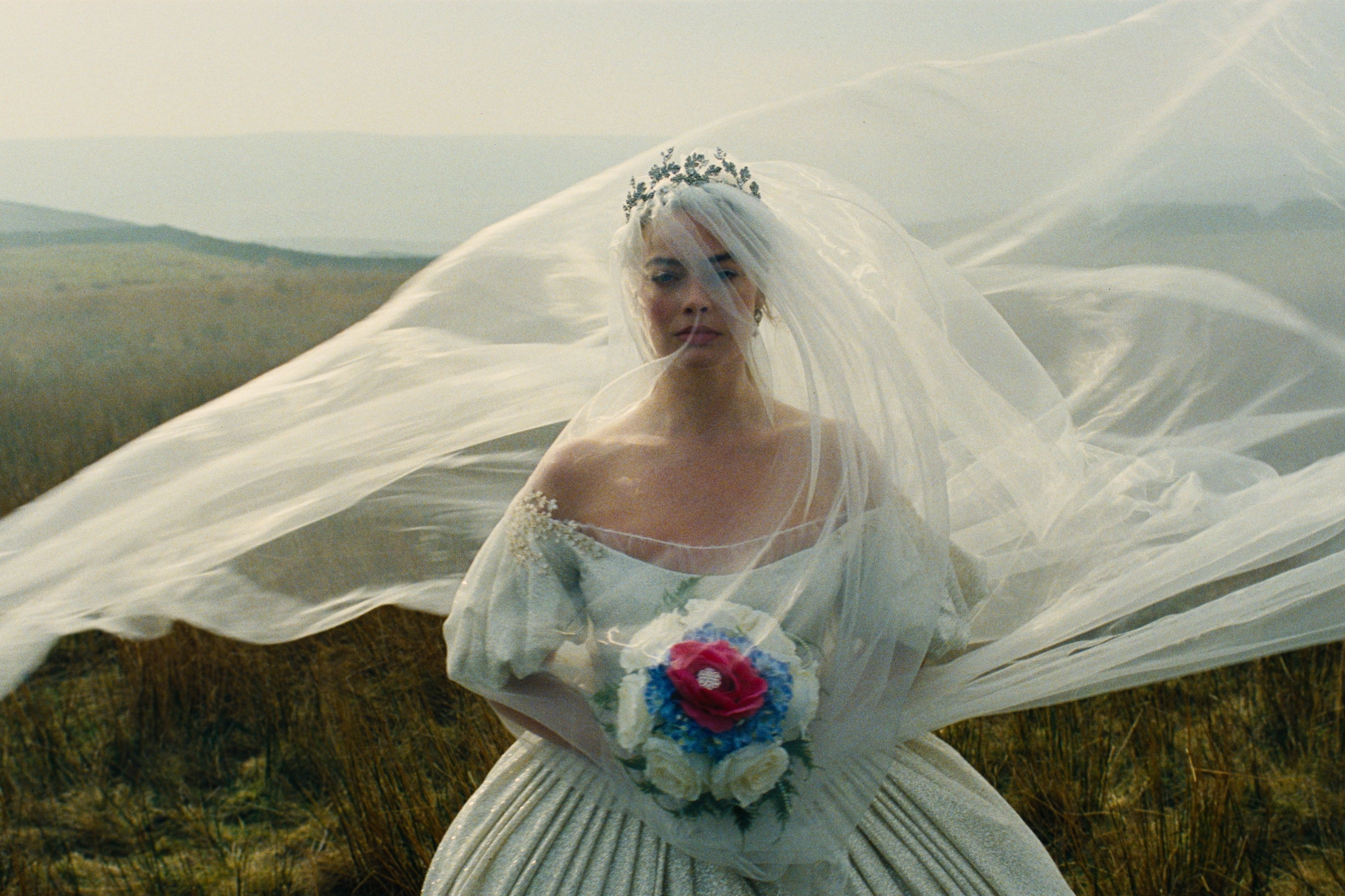 Margot Robbie wears a billowing veil and dress as Catherine Earnshaw in Emerald Fennell's &amp;quot;Wuthering Heights&amp;quot; (2026)