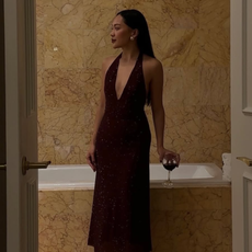 Dawn in a sparkly red dress