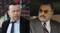 Side by side: Danny Reagan giving sideeye while standing on a basketball court in Boston Blue, Frank Reagan looking out through a car window in Blue Bloods