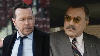 Side by side: Danny Reagan giving sideeye while standing on a basketball court in Boston Blue, Frank Reagan looking out through a car window in Blue Bloods