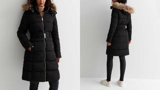 new look Tall Black Faux Fur Trim Hooded Belted Puffer Jacket