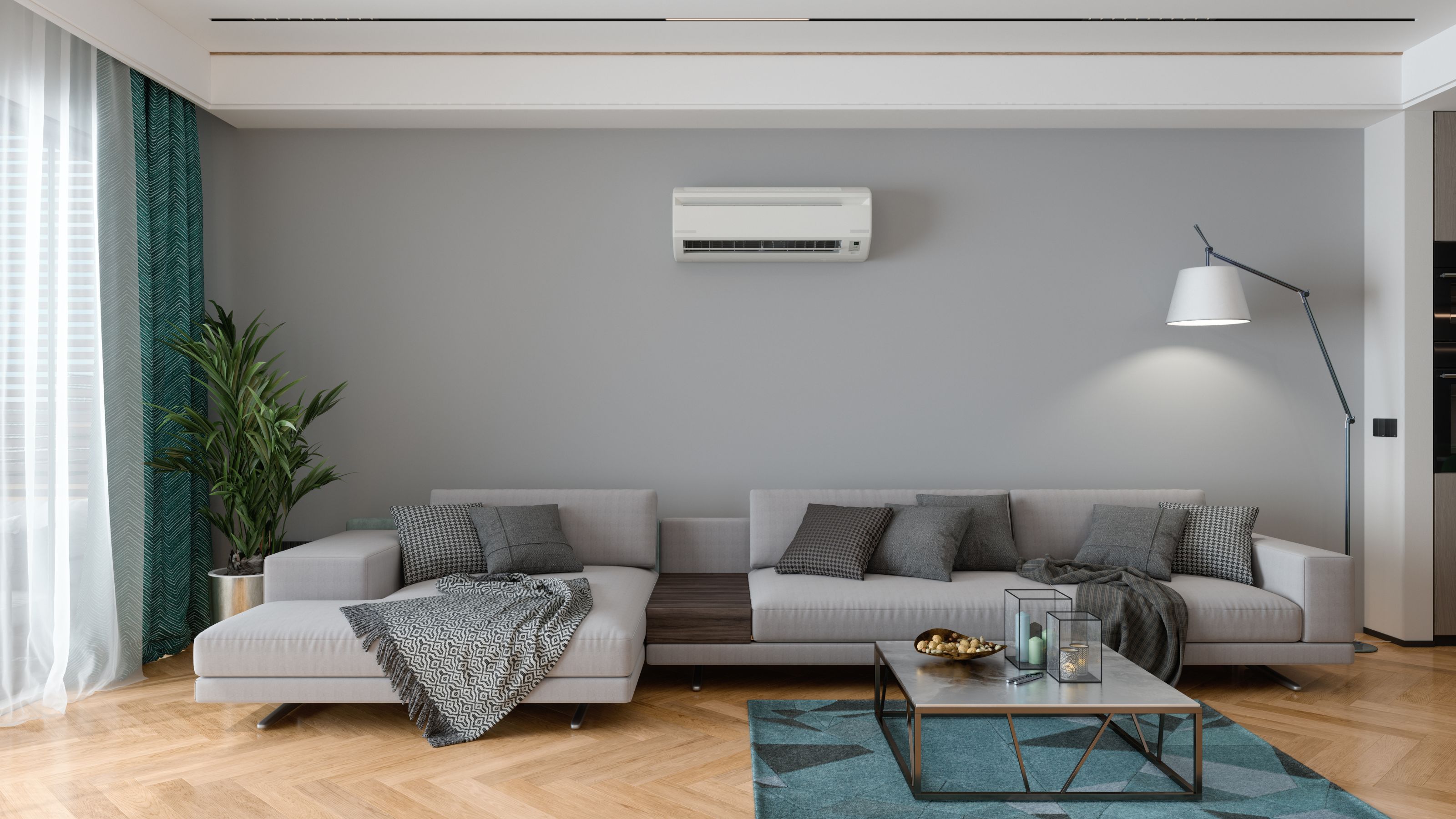 Indoor air conditioning unit installed on the wall in a living room
