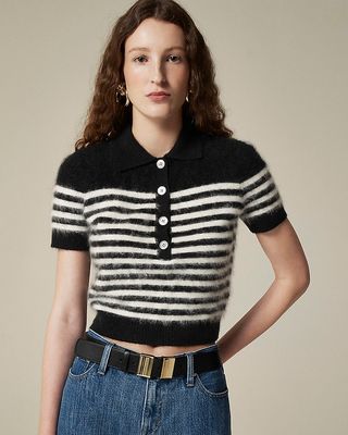 Brushed Cashmere Short-Sleeve Sweater-Polo in Stripe