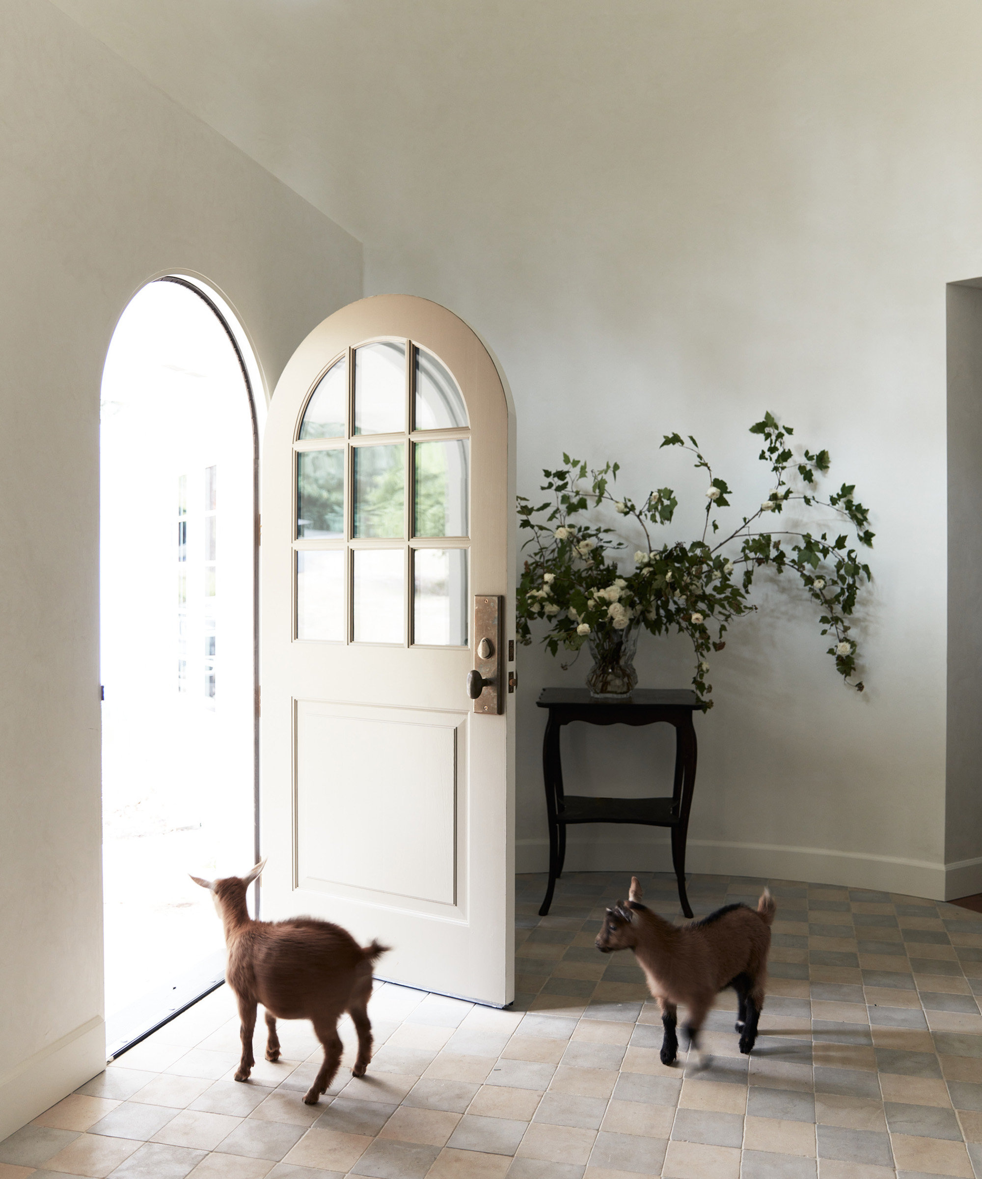 neutral entryway with two lambs