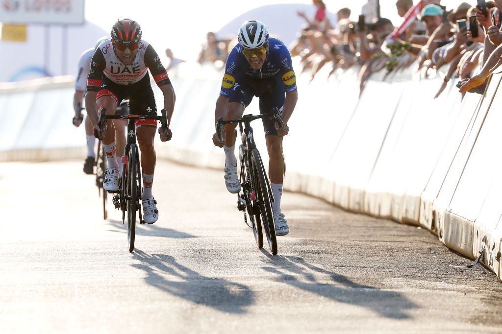 PRZEMYSL POLAND AUGUST 10 LR Diego Ulissi of Italy and UAE Team Emirates Joo Pedro Gonalves Almeida of Portugal and Team Deceuninck QuickStep sprint at finish line during the 78th Tour de Pologne 2021 Stage 2 a 201km stage from Zamo to Przemyl 341m TourdePologne TDP2021 UCIWT on August 10 2021 in Przemysl Poland Photo by Bas CzerwinskiGetty Images