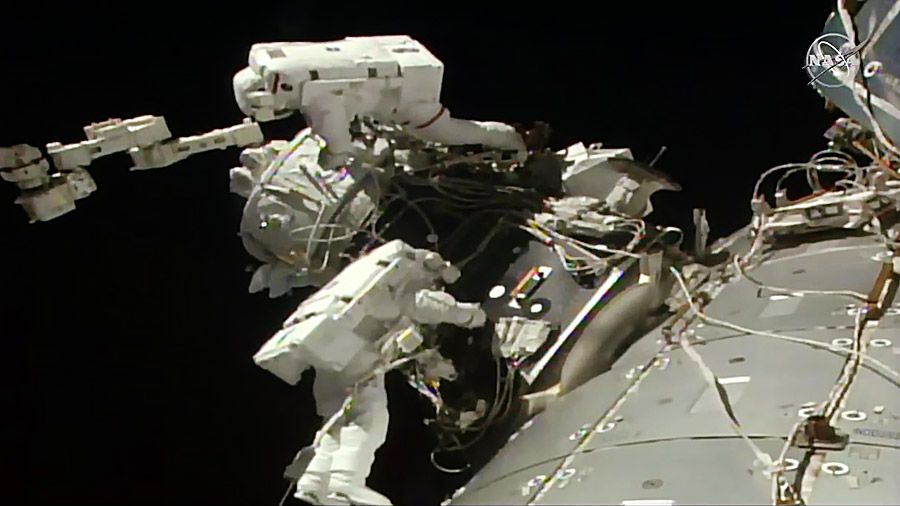 Astronauts Nick Hague and Andrew Morgan install IDA-3 outside the International Space Station on Wednesday, August 21.