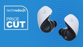 PlayStation Pulse Explore Wireless Earbuds in white on blue background with TechRadar price cut sign