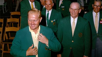 Jack Nicklaus presents the Green Jacket to himself after the 1966 Masters