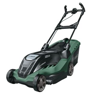 Green Bosch AdvancedRotak 750 lawn mower with black accents on a white background