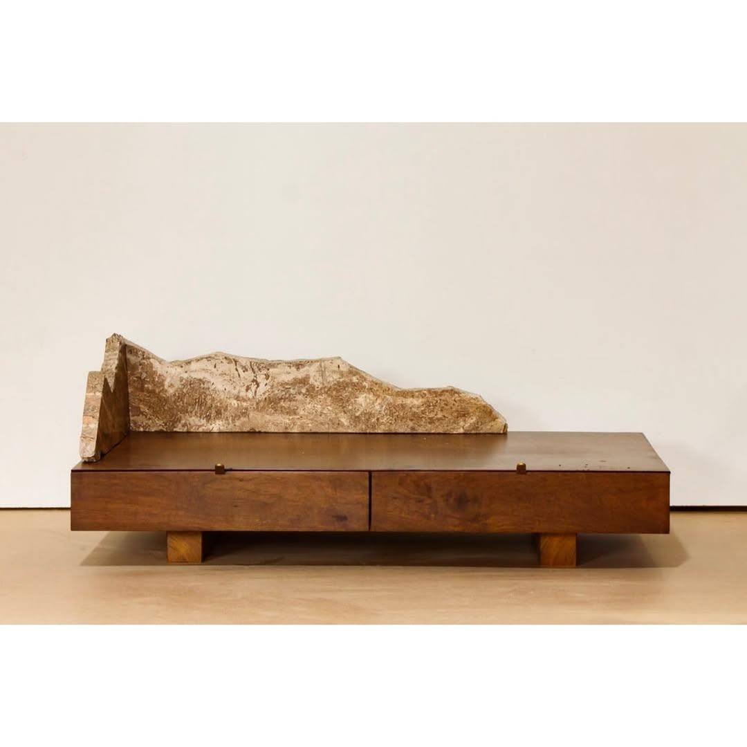 woden bench with stone back