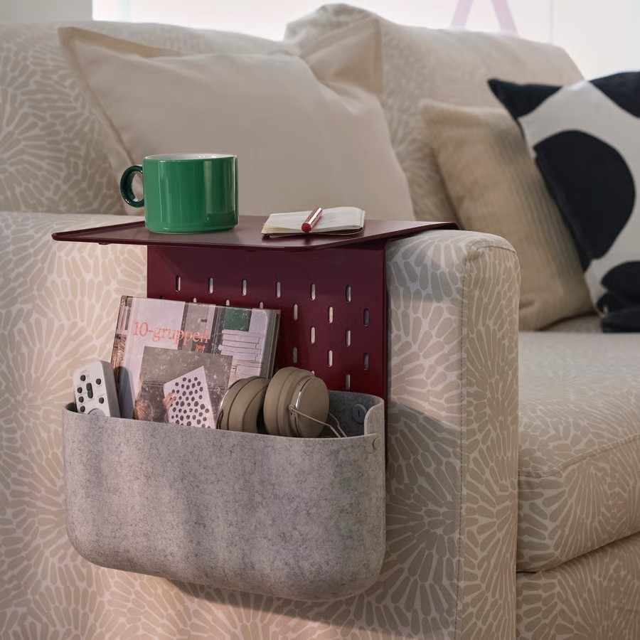 IKEA, Kramphult / Sk&amp;Aring;dis Armrest Tray With Storage Basket - Dark Red Metal/grey