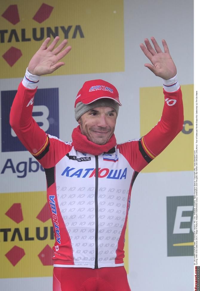 Joaquim Rodriguez (Katusha) steps out on stage to receive the Catalunya leader's jersey