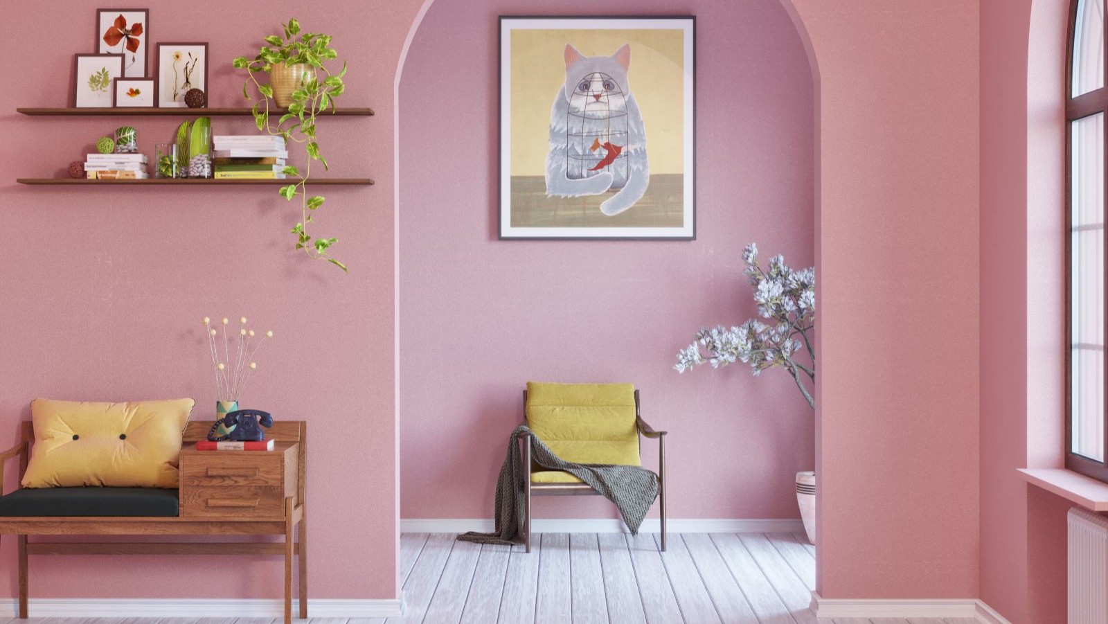 A room with ink walls and some wooden shelves, a portrait of a cat in yellow and a yellow chair underneath