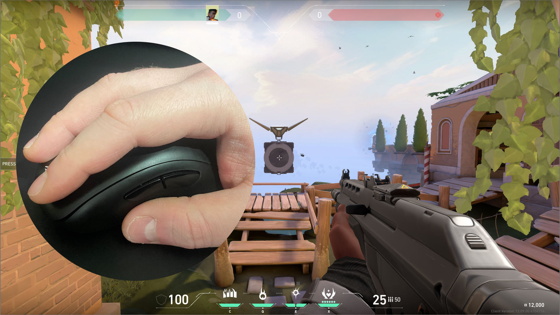 The Valorant practice range with a superimposed image of a hand on a Zowie EC2-DW gaming mouse.