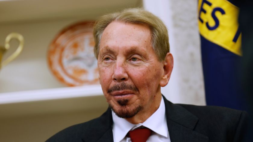 WASHINGTON, DC - FEBRUARY 03: Oracle co-founder, CTO and Executive Chairman Larry Ellison listens as U.S. President Donald Trump speaks to reporters in the Oval Office of the White House on February 03, 2025 in Washington, DC. After signing a series of executive orders and proclamations, Trump spoke to reporters about a range of topics including recent negotiations with Mexico on tarriffs. (Photo by Anna Moneymaker/Getty Images)