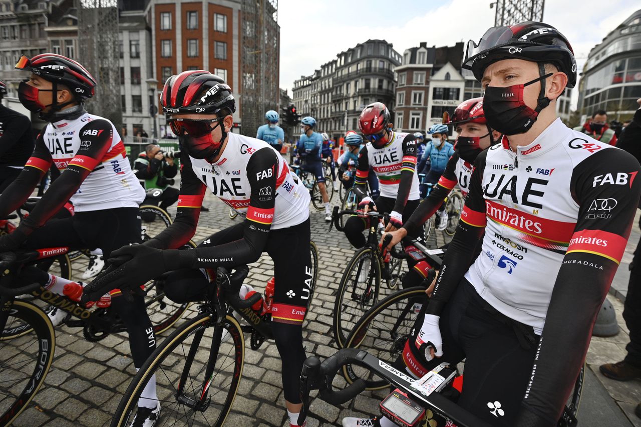 Tadej Pogačar and his UAE Team Emirates team-mates before the start of Liège-Bastogne-Liège 2021