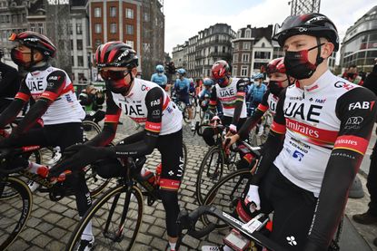 Tadej Pogačar and his UAE Team Emirates team-mates before the start of Liège-Bastogne-Liège 2021