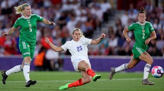 SOUTHAMPTON, ENGLAND - JULY 15: Alessia Russo of England scores their team's fourth goal during the UEFA Women's Euro 2022 group A match between Northern Ireland and England at St Mary's Stadium on July 15, 2022 in Southampton, England.