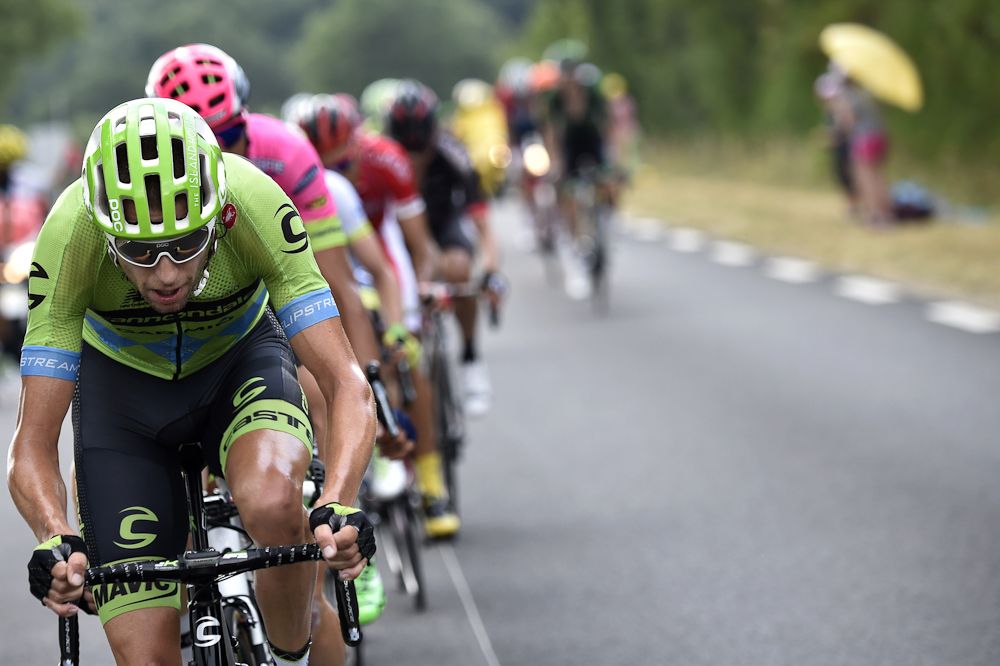 Ryder Hesjedal leads a breakaway during the 178.5 km fourteenth stage of the 102nd edition of the Tour de France