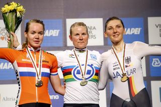 Anna Van Der Breggen (Netherlands), Linda Villumsen (New Zealand) and Lisa Brennauer (Germany) on the podium following the Elite Womens Time Trial at the 2015 UCI Road World Cycling Championships