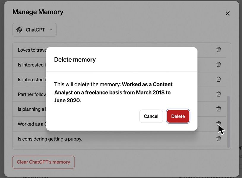 Users can delete anything ChatGPT remembers about them.