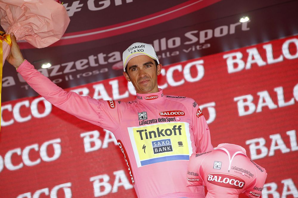 Alberto Contador on the final Giro d'Italia podium.