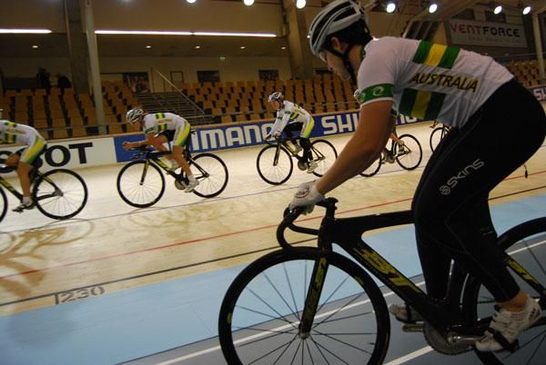 Reigning women's team sprint world champion Anna Meares about to head out onto the track.