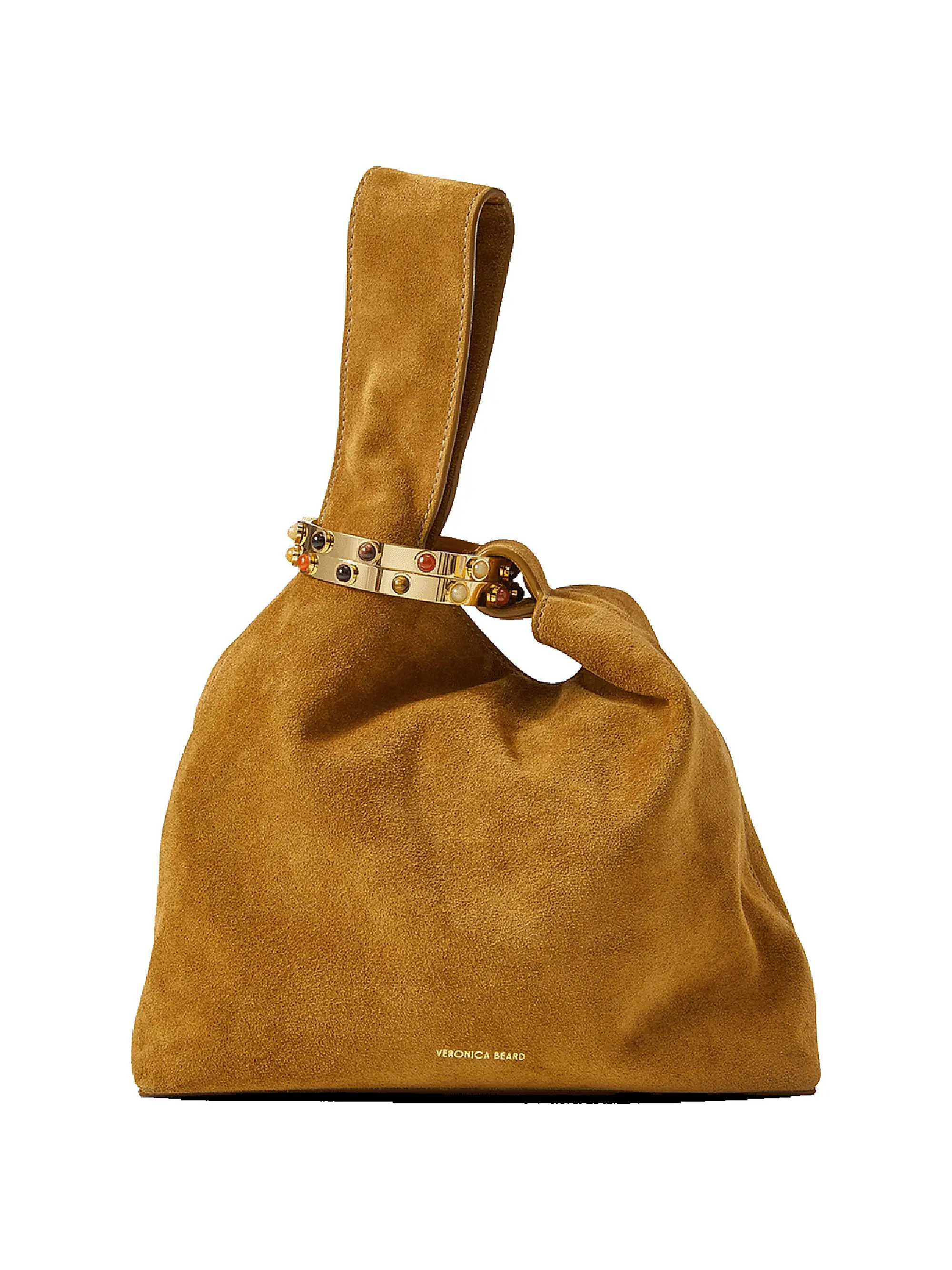Top-handle brown bag featuring a bracelet-inspired ring closure and crafted of suede.