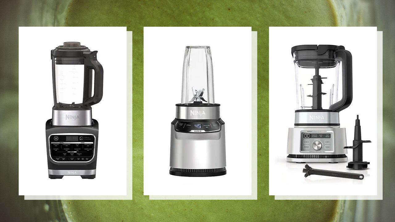 images of three of w&amp;h&#039;s picks of the Ninja blenders on sale on a green smoothie background