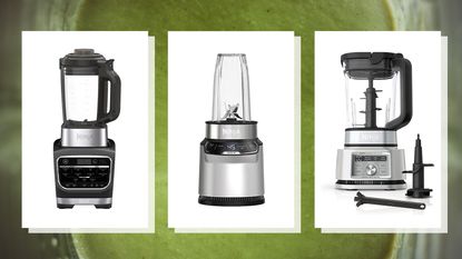 images of three of w&h's picks of the Ninja blenders on sale on a green smoothie background