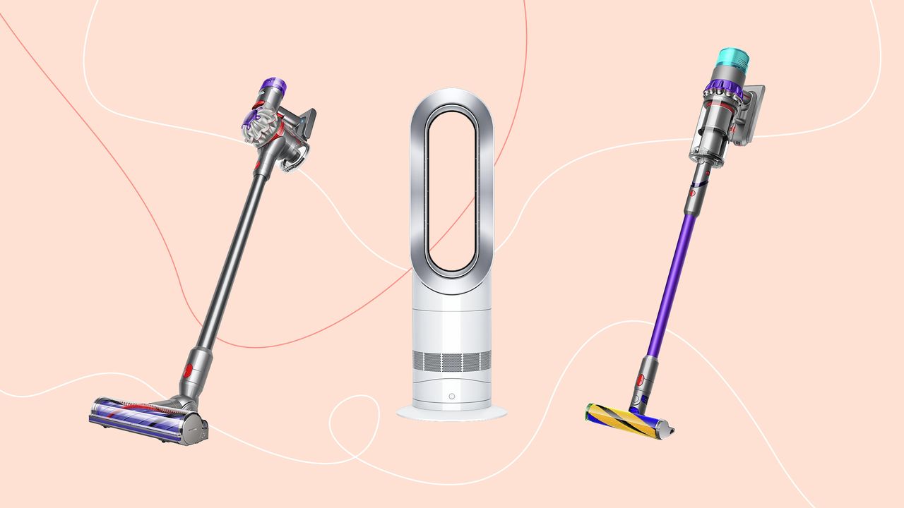 Best Dyson deals collage, including Dyson V8 Advanced vacuum, the Dyson Hot+Cool™ Jet Focus AM09 fan heater, and the Dyson Gen5detect vacuum cleaner