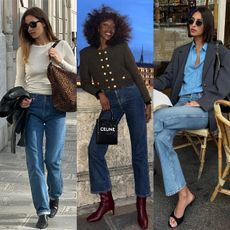 fashion collage of three French style influencers wearing chic denim outfit ideas with elevated basics and jackets and classic shoes