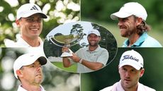 (top left) Ludvig Aberg smiles, (top right) Tommy Fleetwood smiles, (bottom left) Rory McIlroy looks on, (bottom right) Russell Henley looks on and Scottie Scheffler holds up the FedEx Cup (centre)
