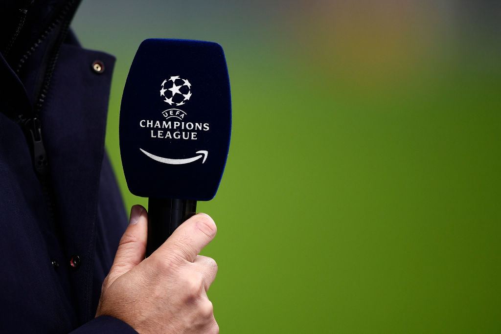 A microphone bearing the logo of UEFA Champions League and the logo of Amazon is seen at the end of the UEFA Champions League round of sixteen first leg football match between FC Internazionale and Liverpool FC. Liverpool FC won 2-0 over FC Internazionale.