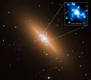 This composite image shows X-rays from NASA's Chandra X-ray Observatory (the blue-white stars) and optical data (the rest of the galaxy) from the European Southern Observatory's Very Large Telescope of the galaxy NGC 3115. Using the Chandra data, the flow of hot gas toward the supermassive black hole in the center of this galaxy has been imaged. This is the first time that clear evidence for such a flow has been observed in any black hole.