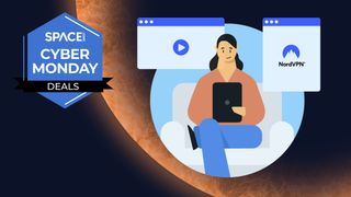 A cartoon image of a person using a tablet pc with a NordVPN logo next to them.