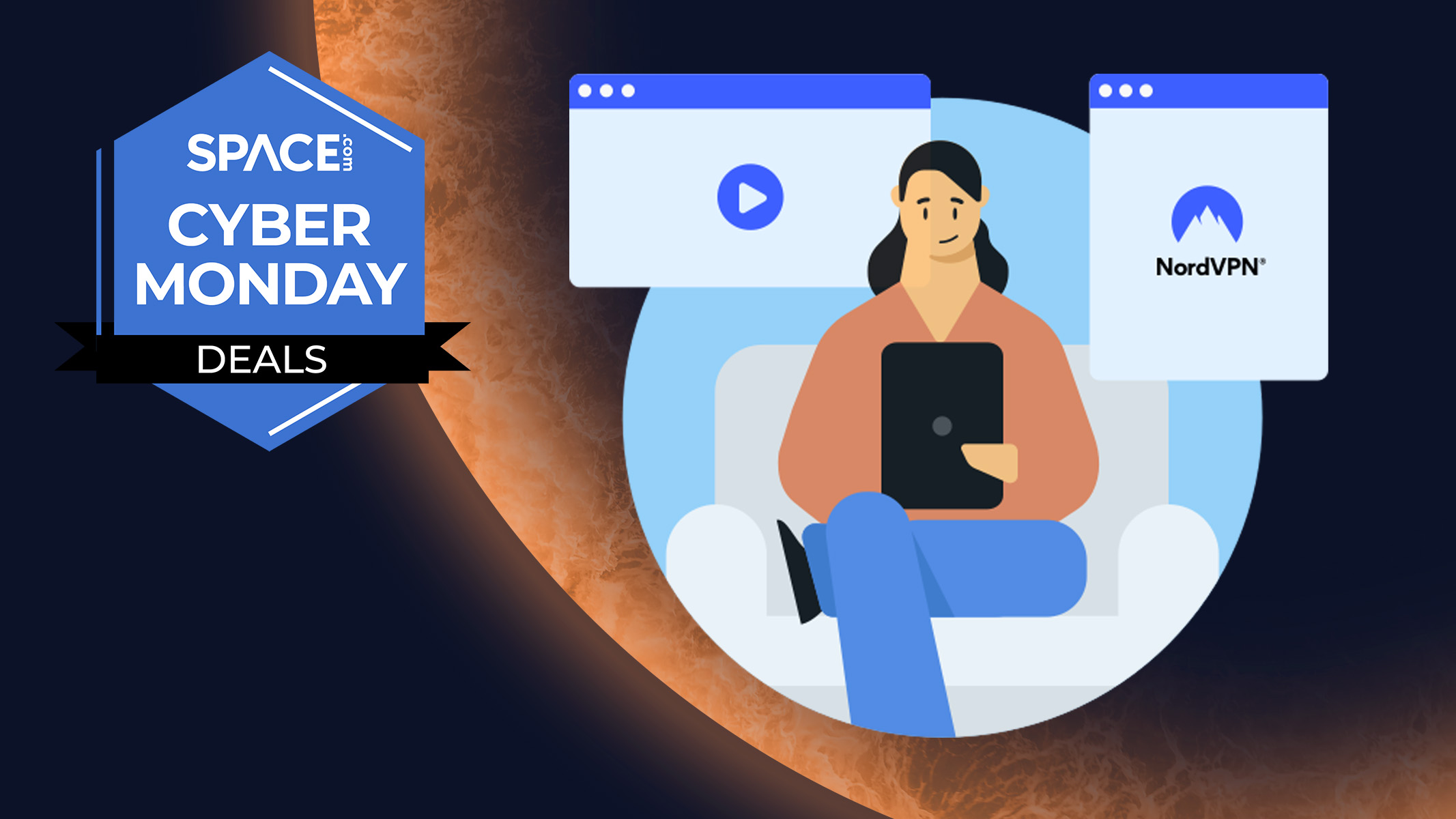 A cartoon image of a person using a tablet pc with a NordVPN logo next to them. 