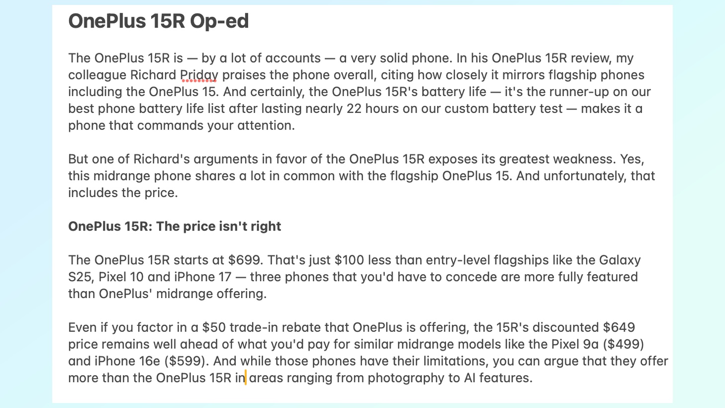 Sample text of a OnePlus 15R text used in a transcription test for mobile recording apps