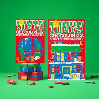 Two Tony's Chocolonely Advent Calendars side-by-side, showing some of the individually wrapped mini chocolate bars included within