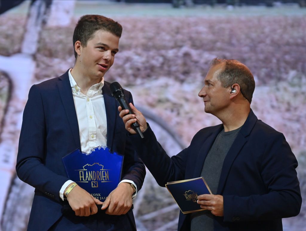 Florian Vermeersch winner of the Vonk van het jaar award and Sports journalist Karl Vannieuwkerke pictured during the Flandrien award ceremony for the best Belgian cyclist of the 2021 cycling season organized by newspaper Het Nieuwsblad in Puurs on Tuesday 26 October 2021BELGA PHOTO DAVID STOCKMAN Photo by DAVID STOCKMANBELGA MAGAFP via Getty Images