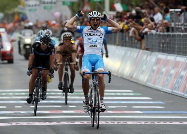 Manuel Belletti (Colnago-CSF Inox) pumps his fists after winning