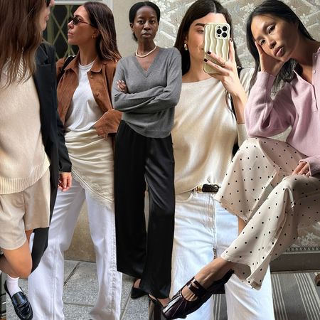 fashion collage of various style influencers wearing easy yet elevated spring out fit ideas for 2026 including pieces like sweaters, white jeans, loafers, and more.