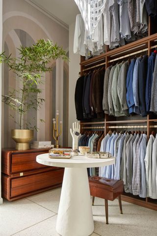 closet with open hanging storage for shirts and blazers, round table for jewellery, chest of drawers, gold plant pot and plant