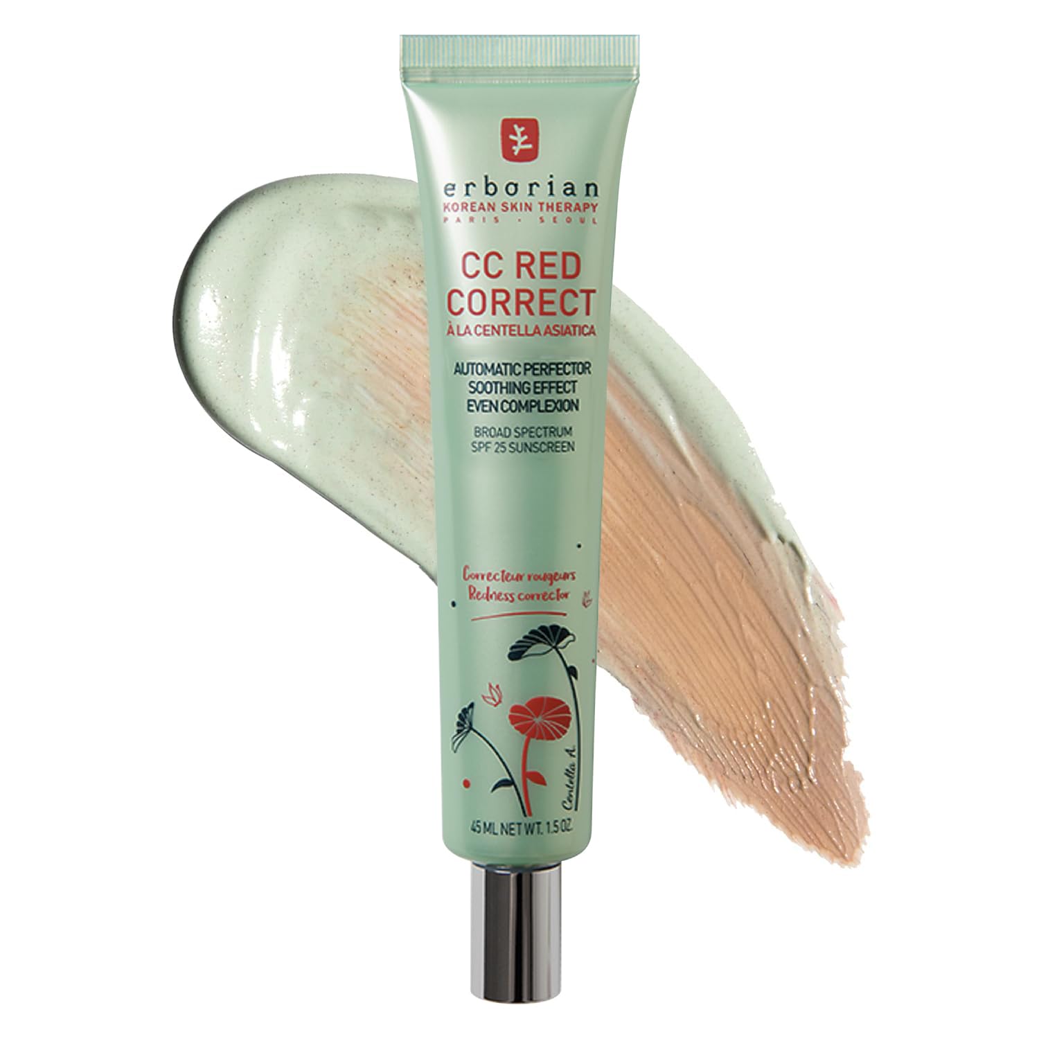Erborian Cc Red Correct - Skincare-First Green Color Corrector With Centella Asiatica, Illuminating Color Corrector With Redness Coverage &amp;amp; Spf 25 - Cica, Korean Skincare, 1.5 Oz